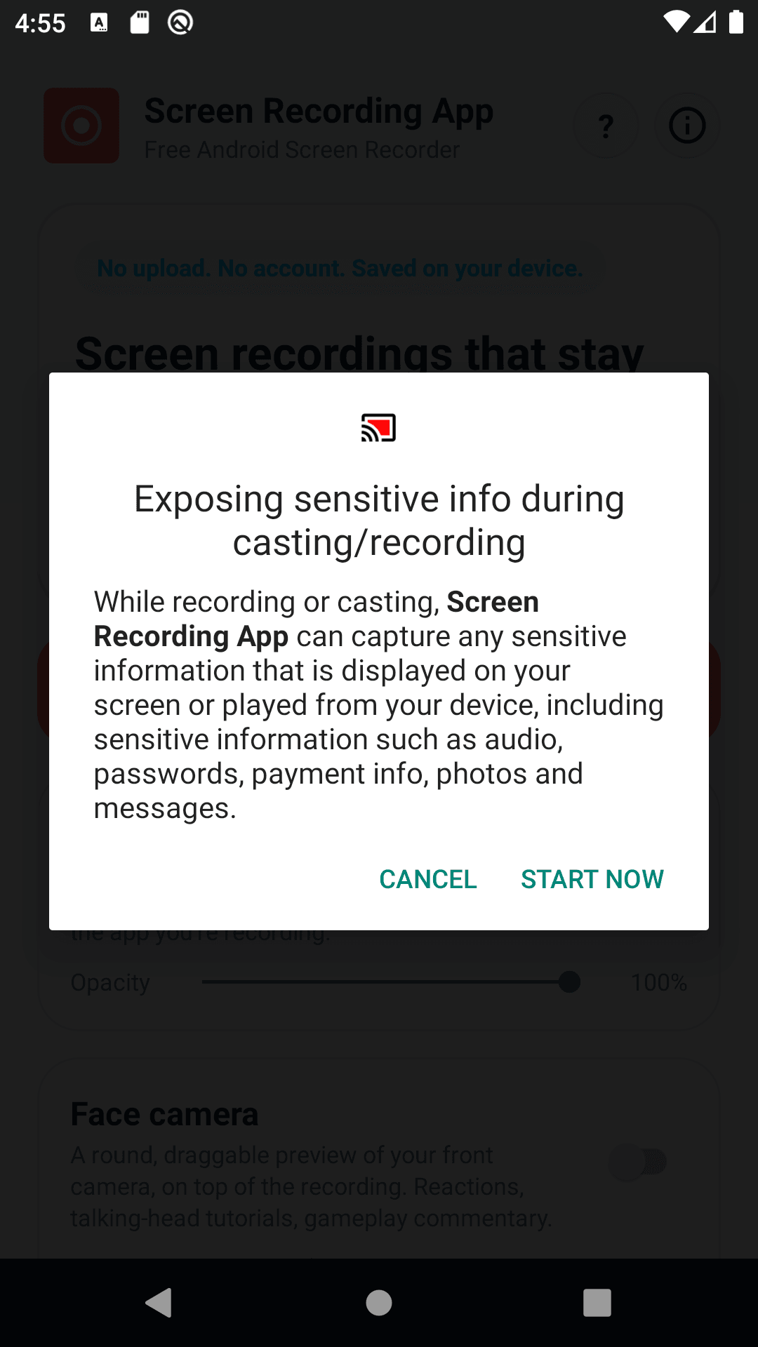 Android 10 screen recording permission prompt