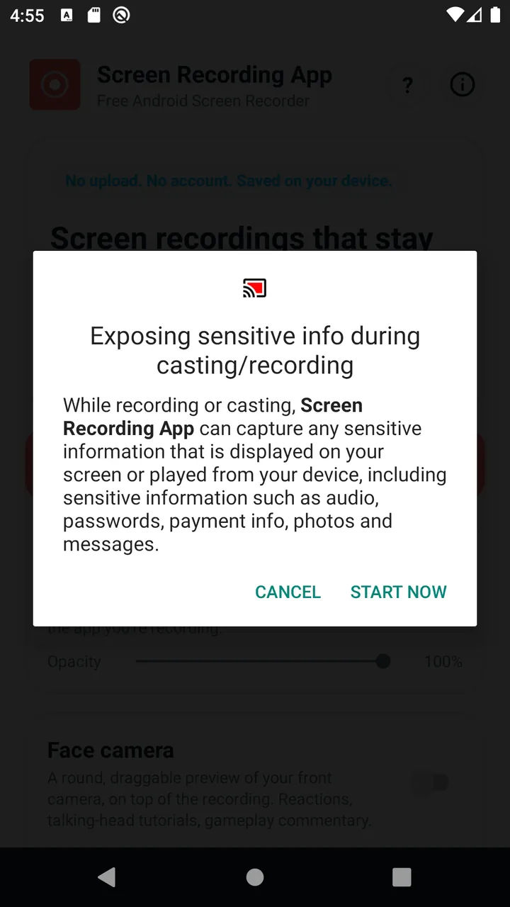 Android 10 screen recording permission prompt