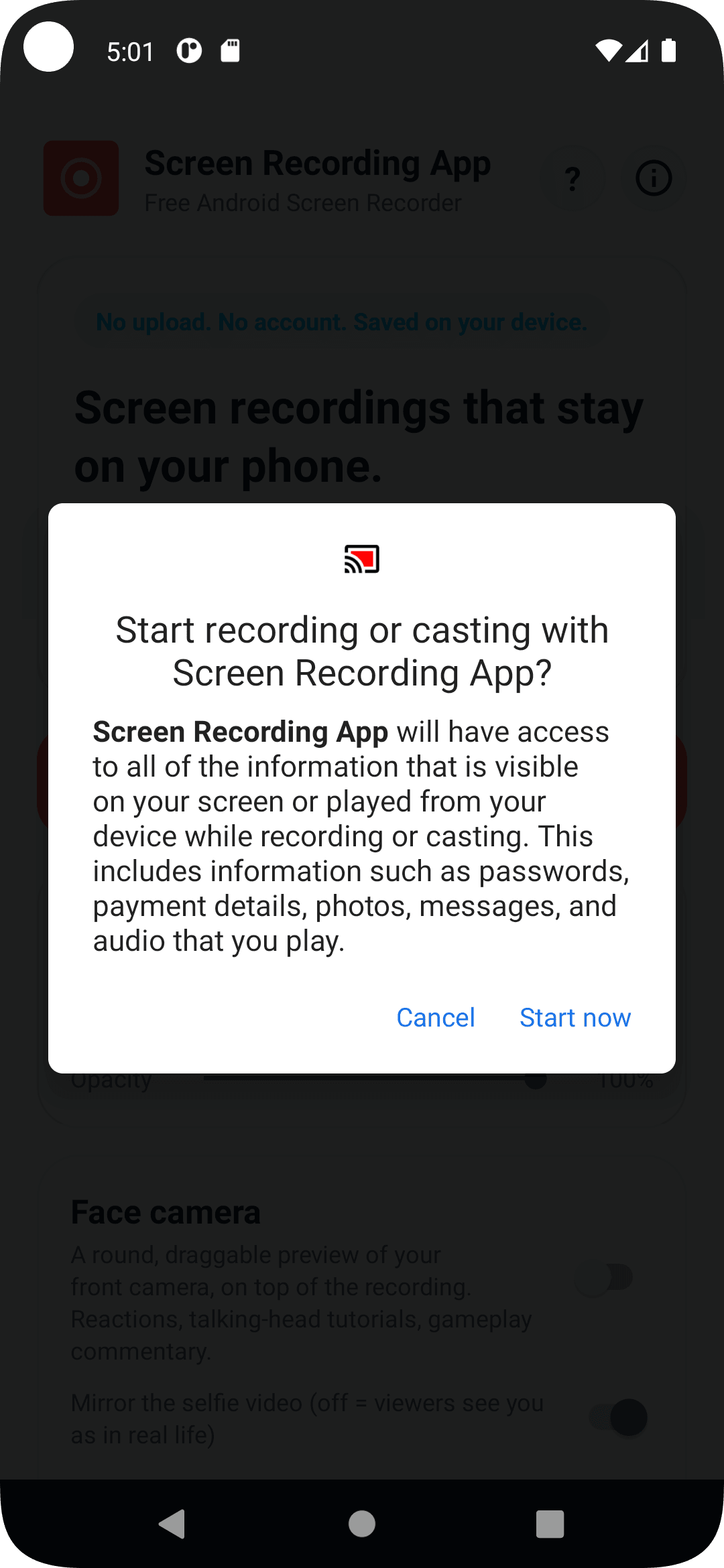 Android 11 and 12 screen recording permission prompt