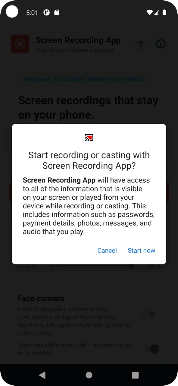 Android 11 and 12 screen recording permission prompt