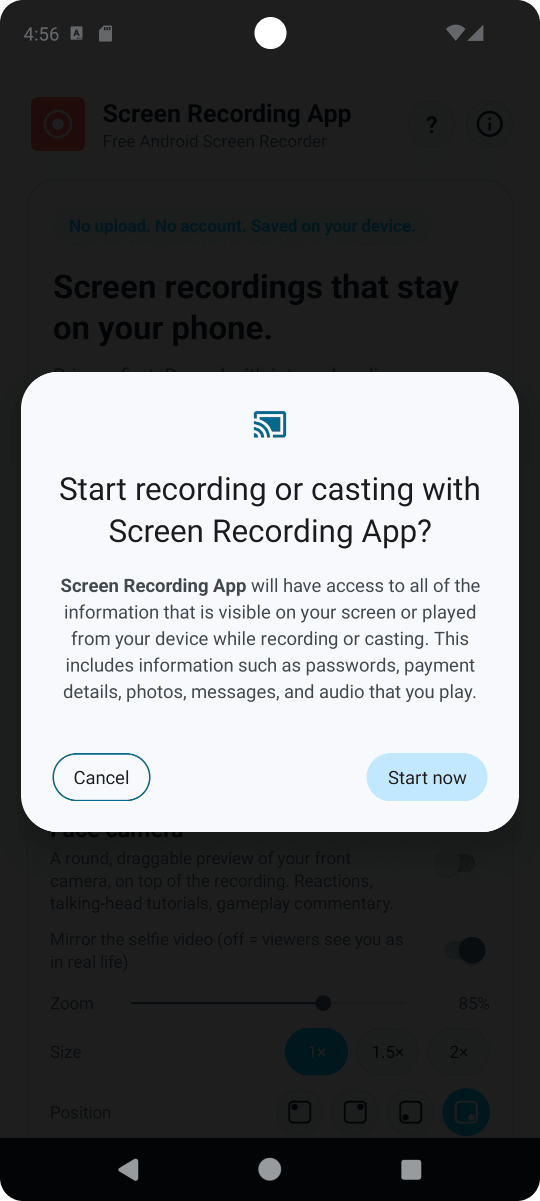 Android 13 screen recording permission prompt
