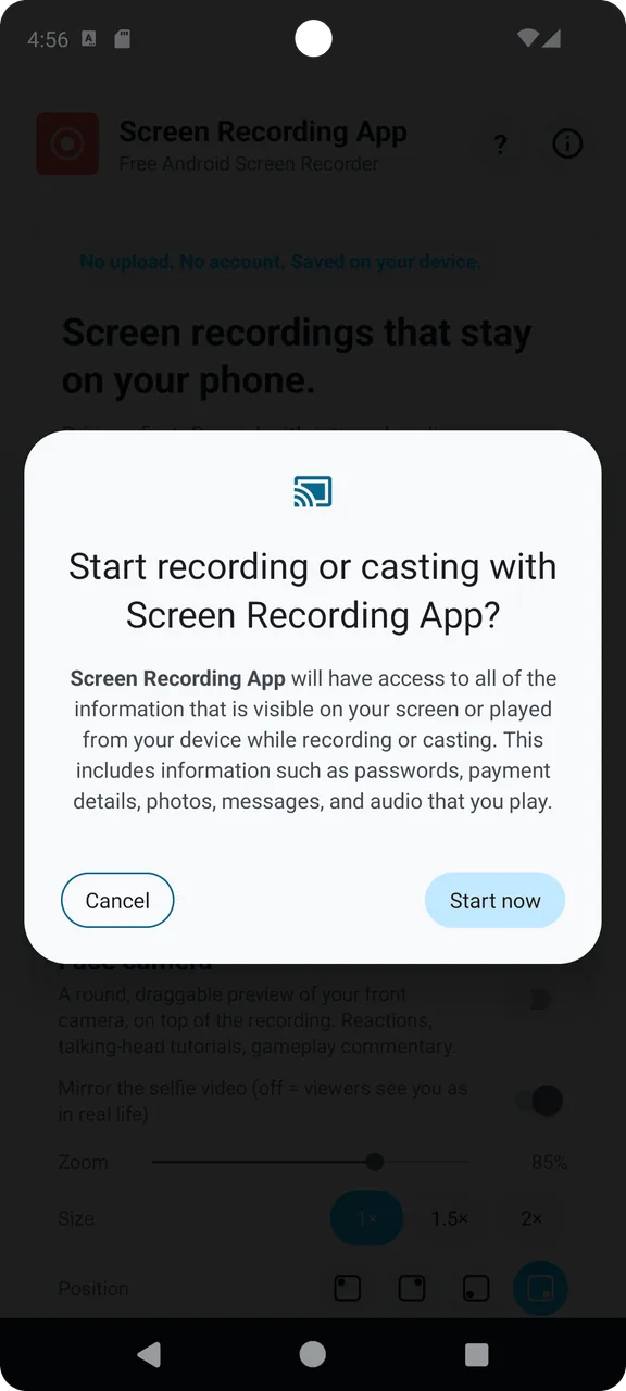 Android 13 screen recording permission prompt
