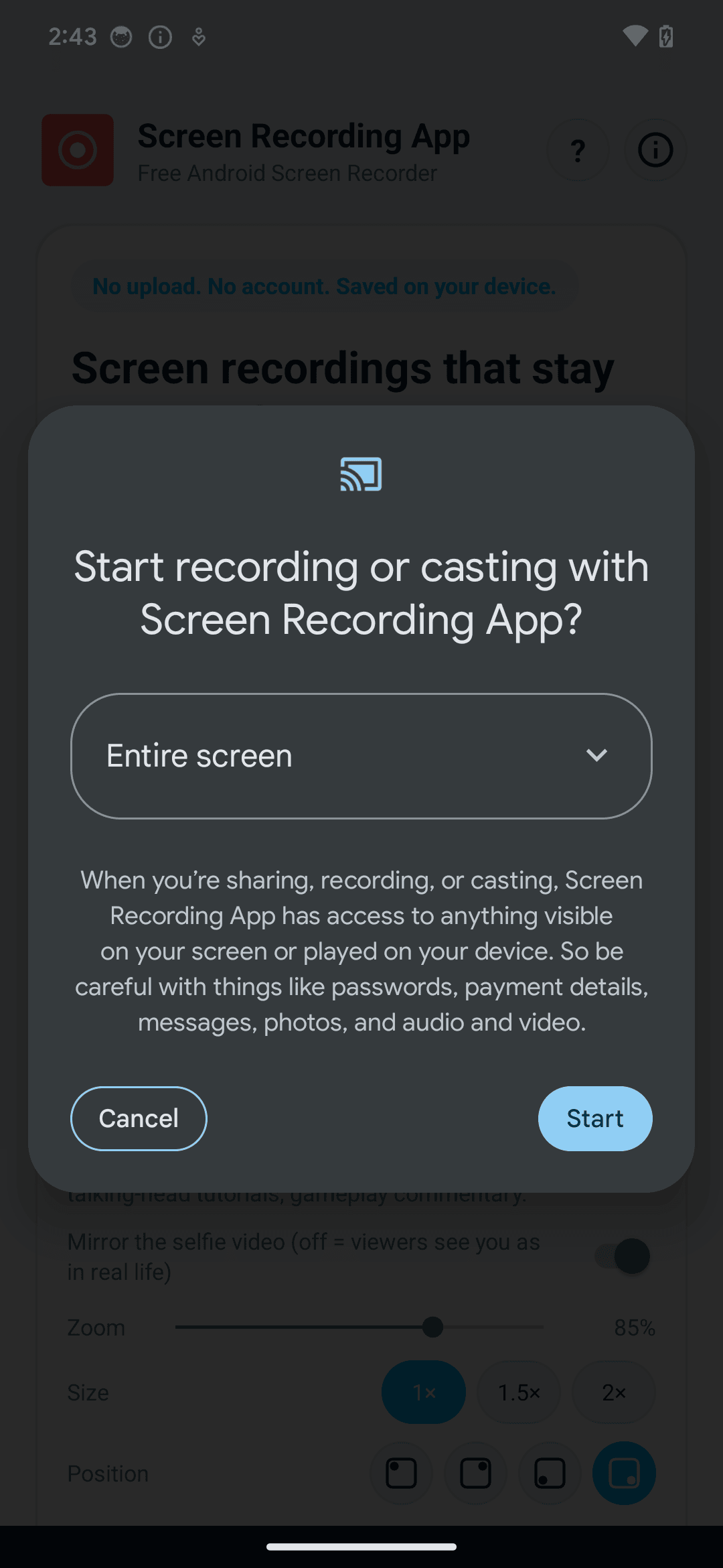 Android 14 screen recording permission prompt