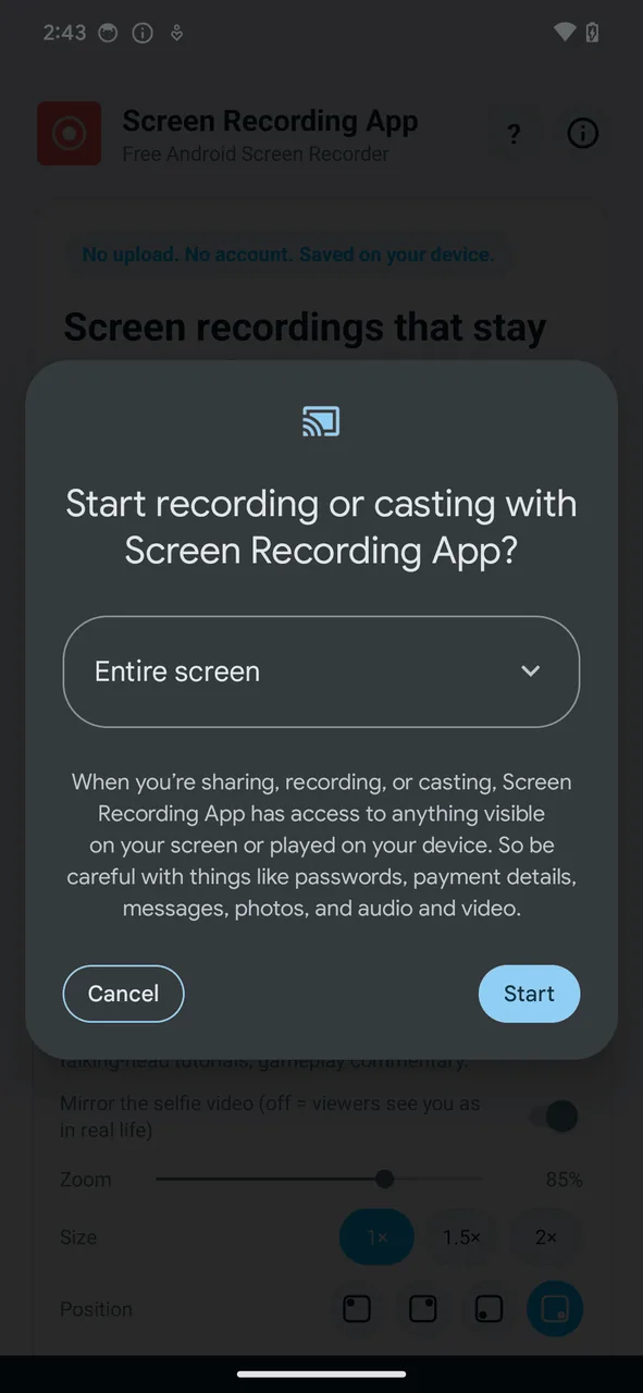 Android 14 screen recording permission prompt