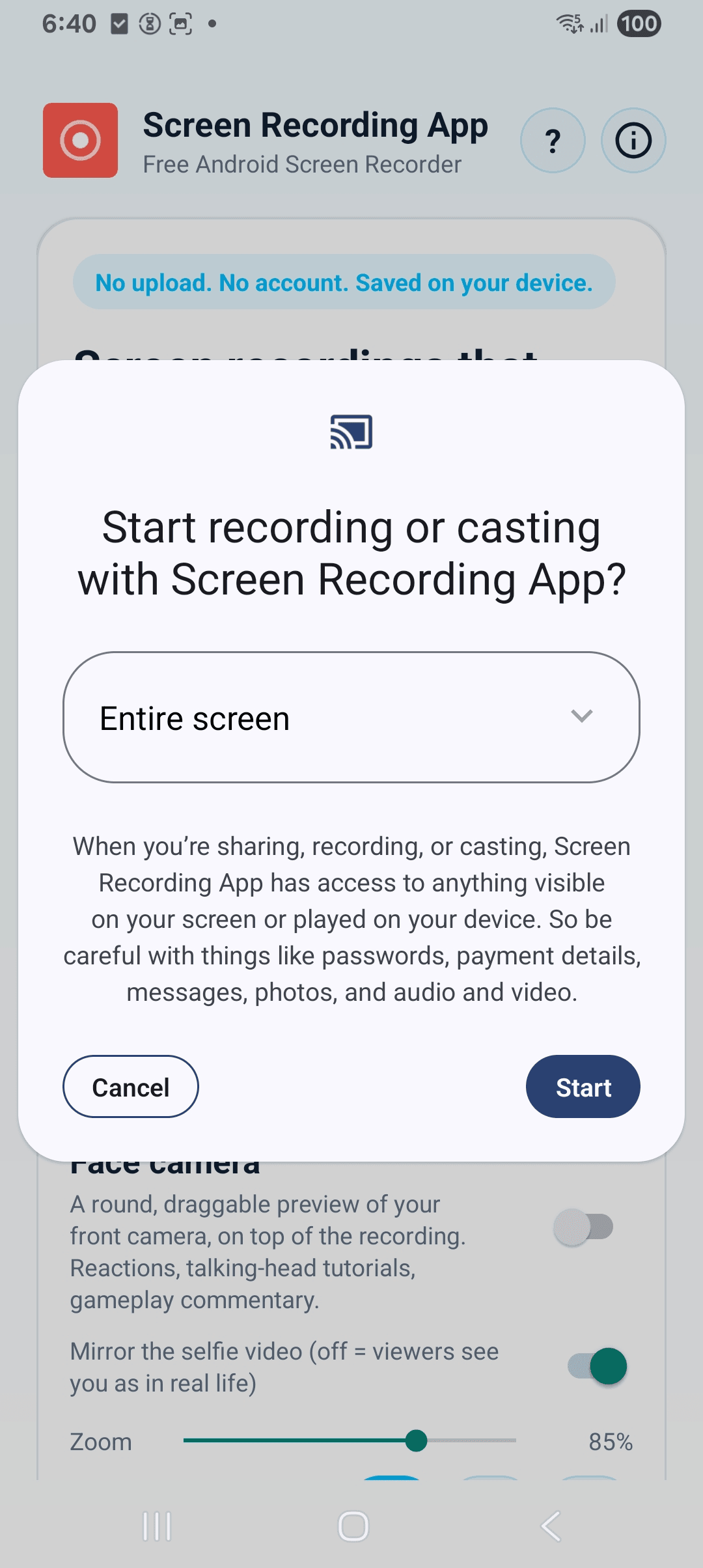 Android 15 screen recording permission prompt