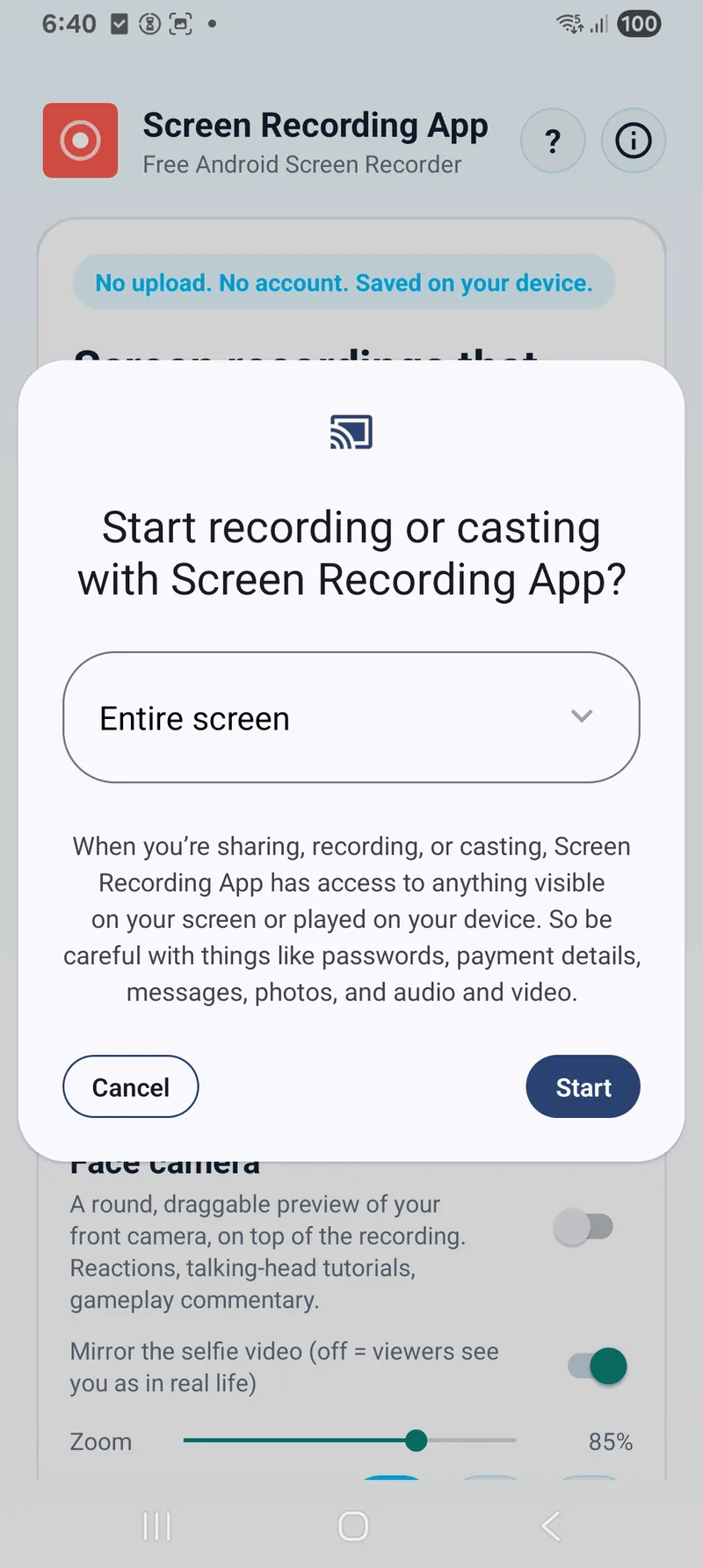 Android 15 screen recording permission prompt