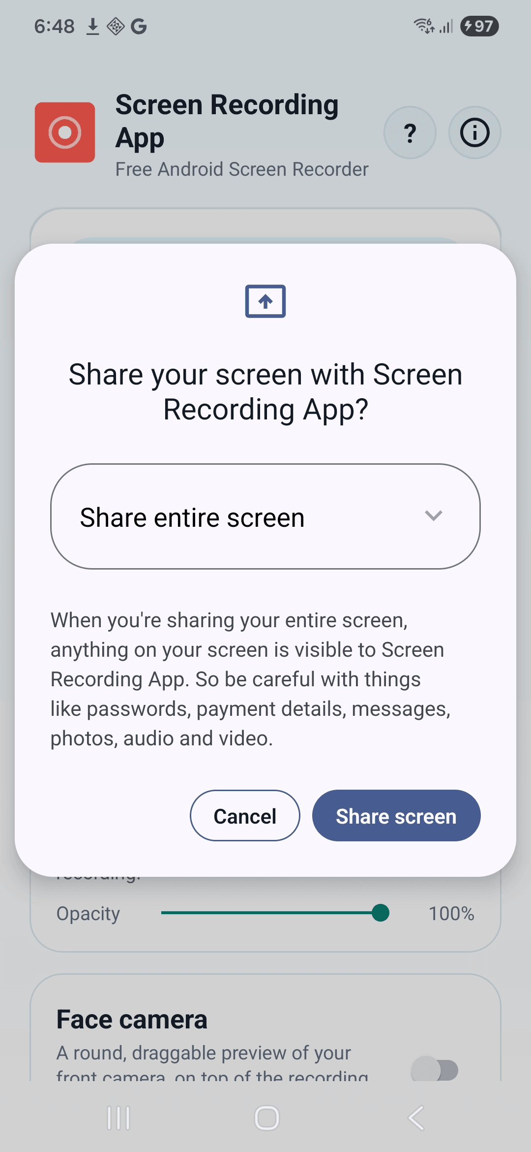 Android 16 screen recording permission prompt