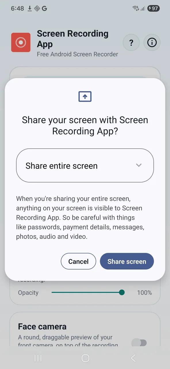 Android 16 screen recording permission prompt