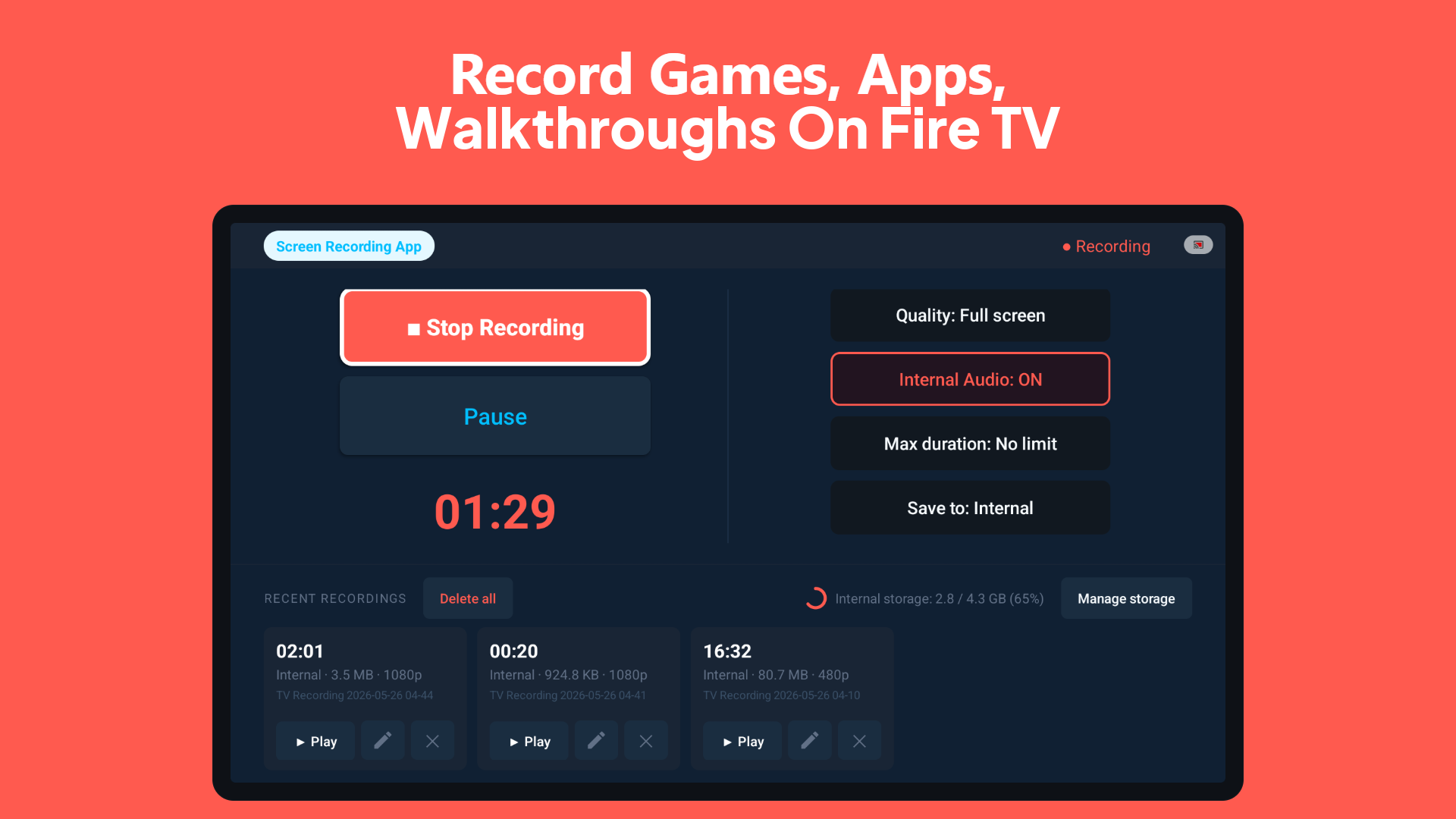 Screen Recording App recording the screen on a Fire TV