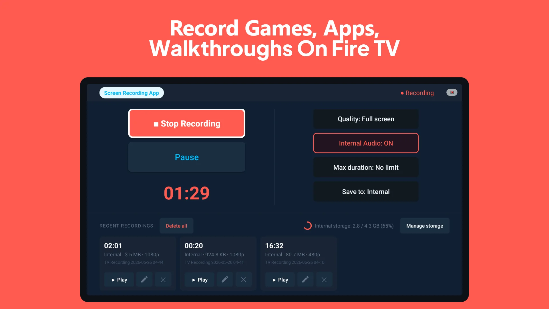 Screen Recording App recording the screen on a Fire TV