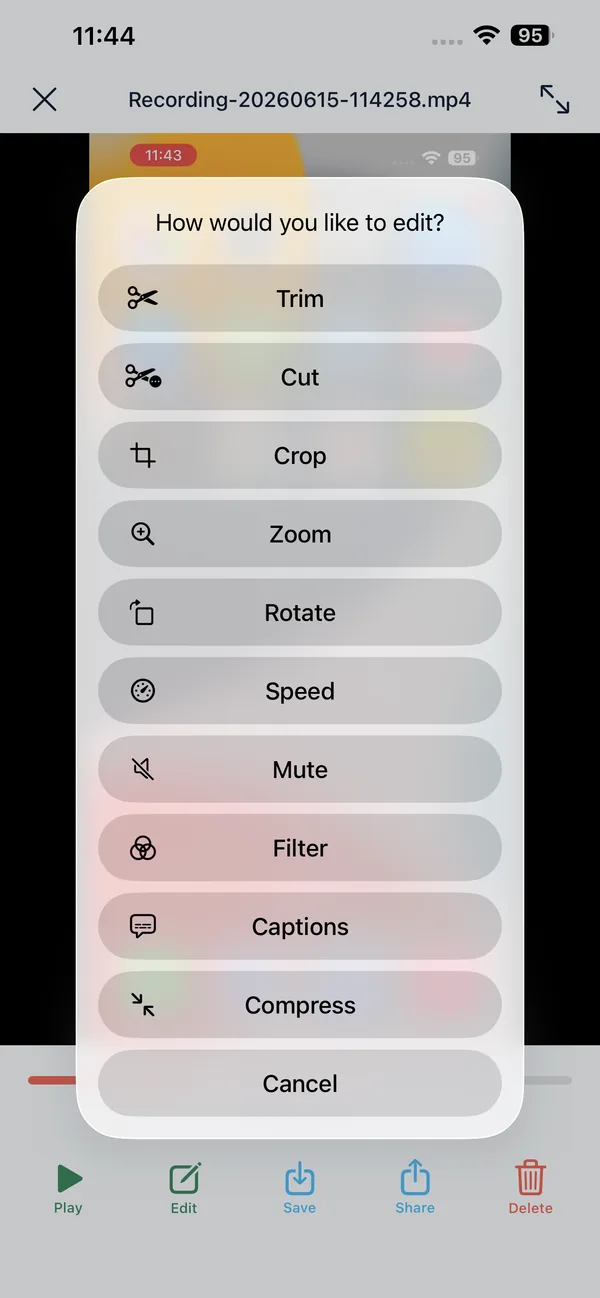 Screen Recording App edit menu on iPhone - trim, cut, crop, zoom, rotate, speed, mute, filter, captions, and compress