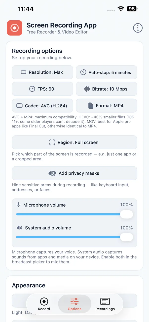 Screen Recording App recording options on iPhone - resolution, frame rate, bitrate, codec, and microphone and system audio levels