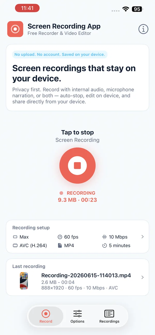 Screen Recording App record screen on iPhone with the large red record button