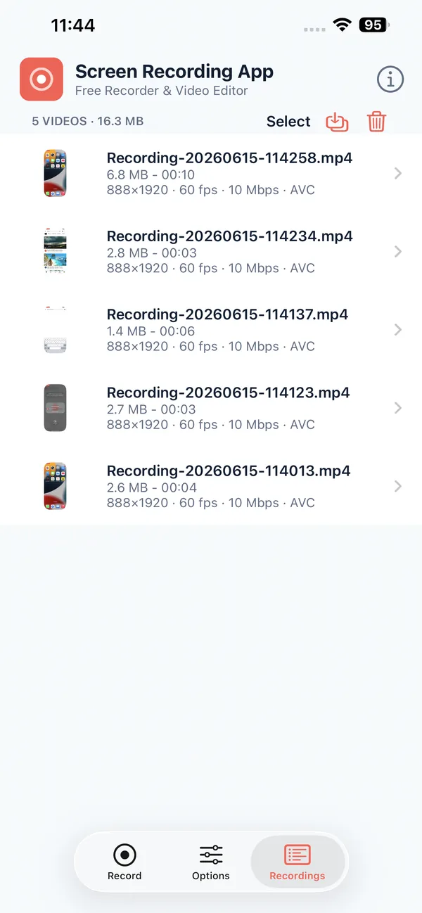 Screen Recording App recordings library on iPhone showing saved recordings with size, duration, and resolution