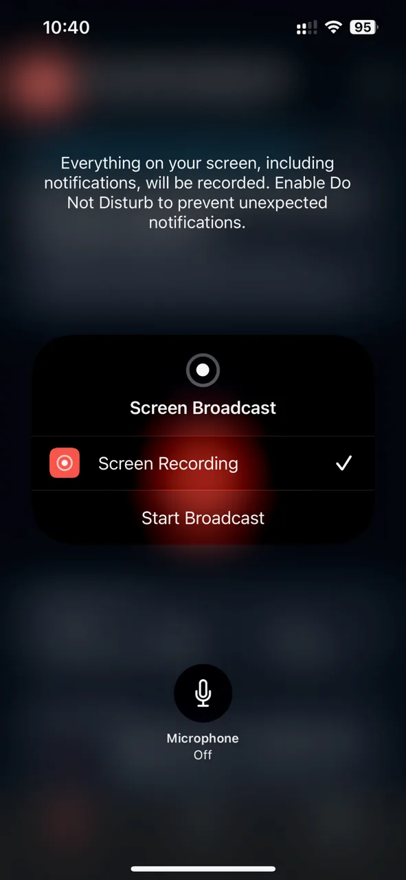 iOS Screen Broadcast picker with Screen Recording App selected and Start Broadcast