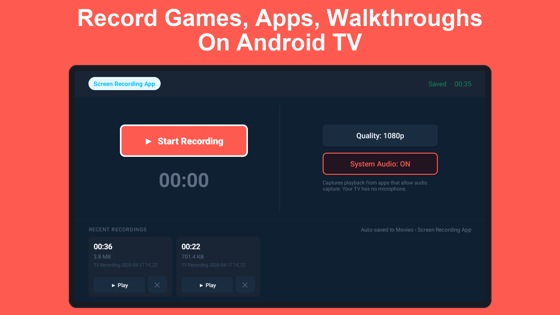 Screen Recording App main screen on Android TV